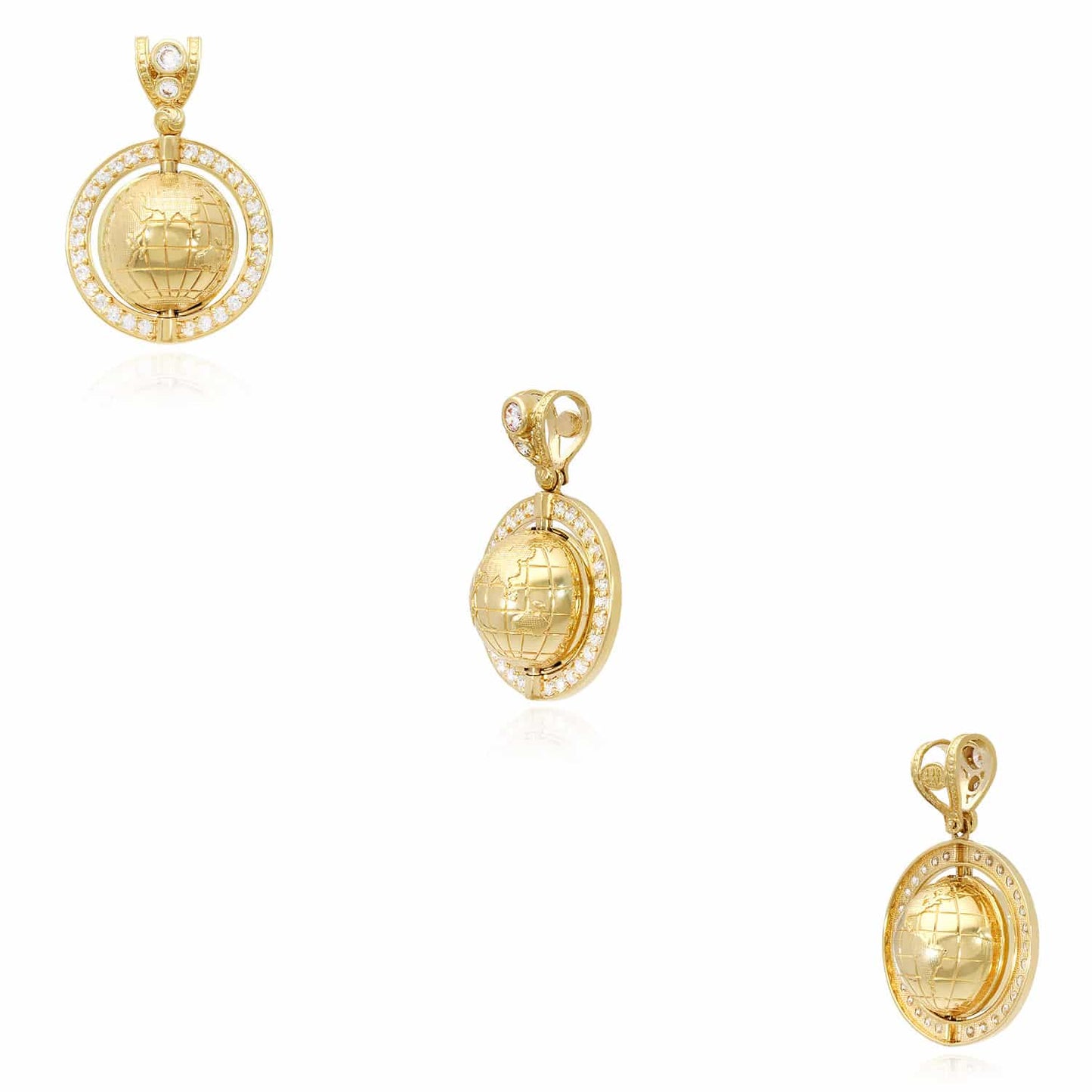14K Real Gold 1.8CTW CZ Rotating Globe Charm Pendant 1.57"