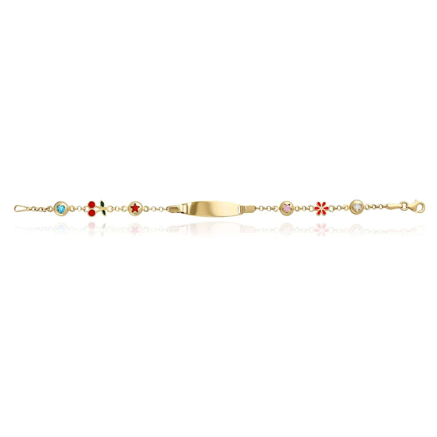 Kids 14K Yellow Gold 6mm Hearts, Cherry, Stars, Flower Charm ID Bracelet 6"