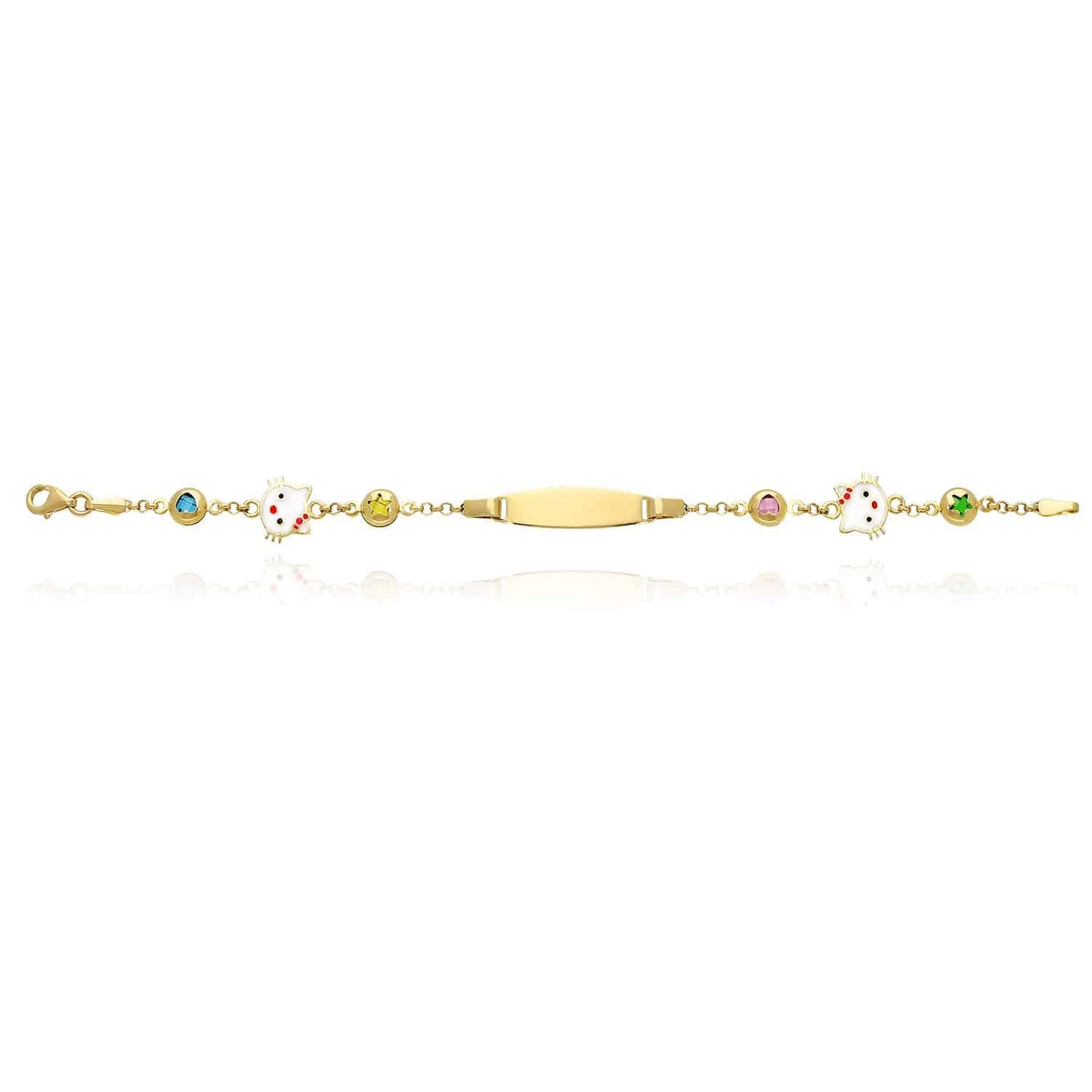 Kids 14K Yellow Gold 6.5mm Little Cats, Hearts, Stars Charm ID Bracelet 6"