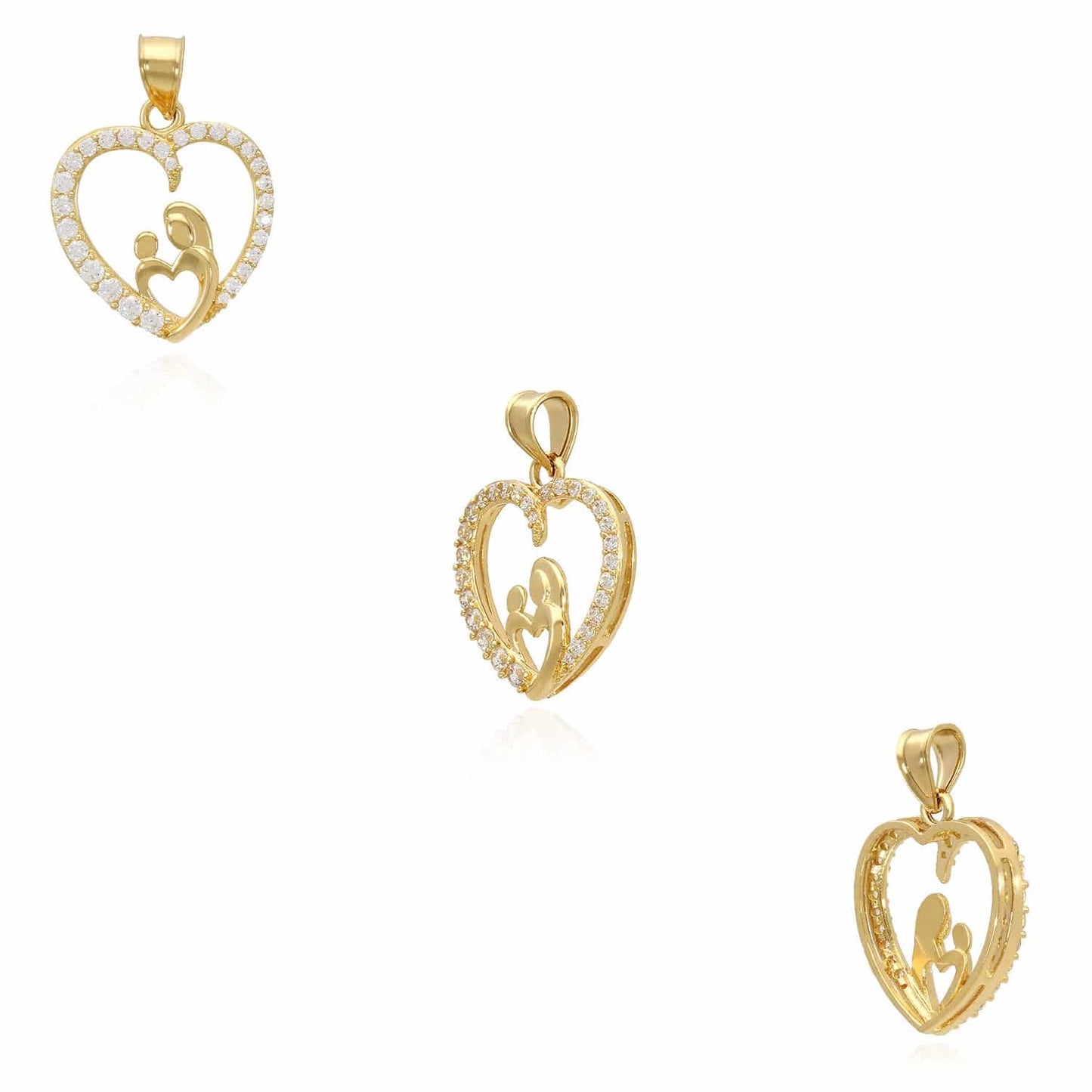 14K Yellow Gold 1CTW CZ Mother Infant Open Heart Charm Pendant 1"