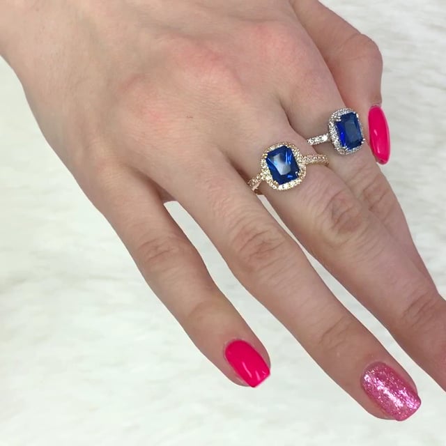 14K Gold Yellow White Emerald Cut Blue Sapphire Zirconia Halo Engagement Ring