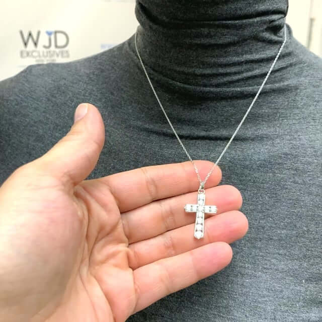 White Gold Over Sterling Silver Channel Set Zirconia Cross Pendant Necklace 18"