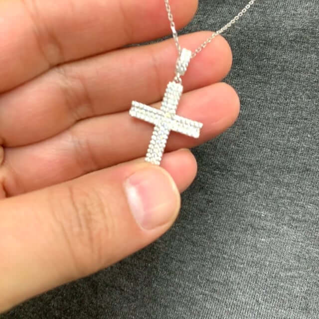 White Gold Over Sterling Silver 1Ct Pave Set Zirconia Cross Pendant Necklace 18"