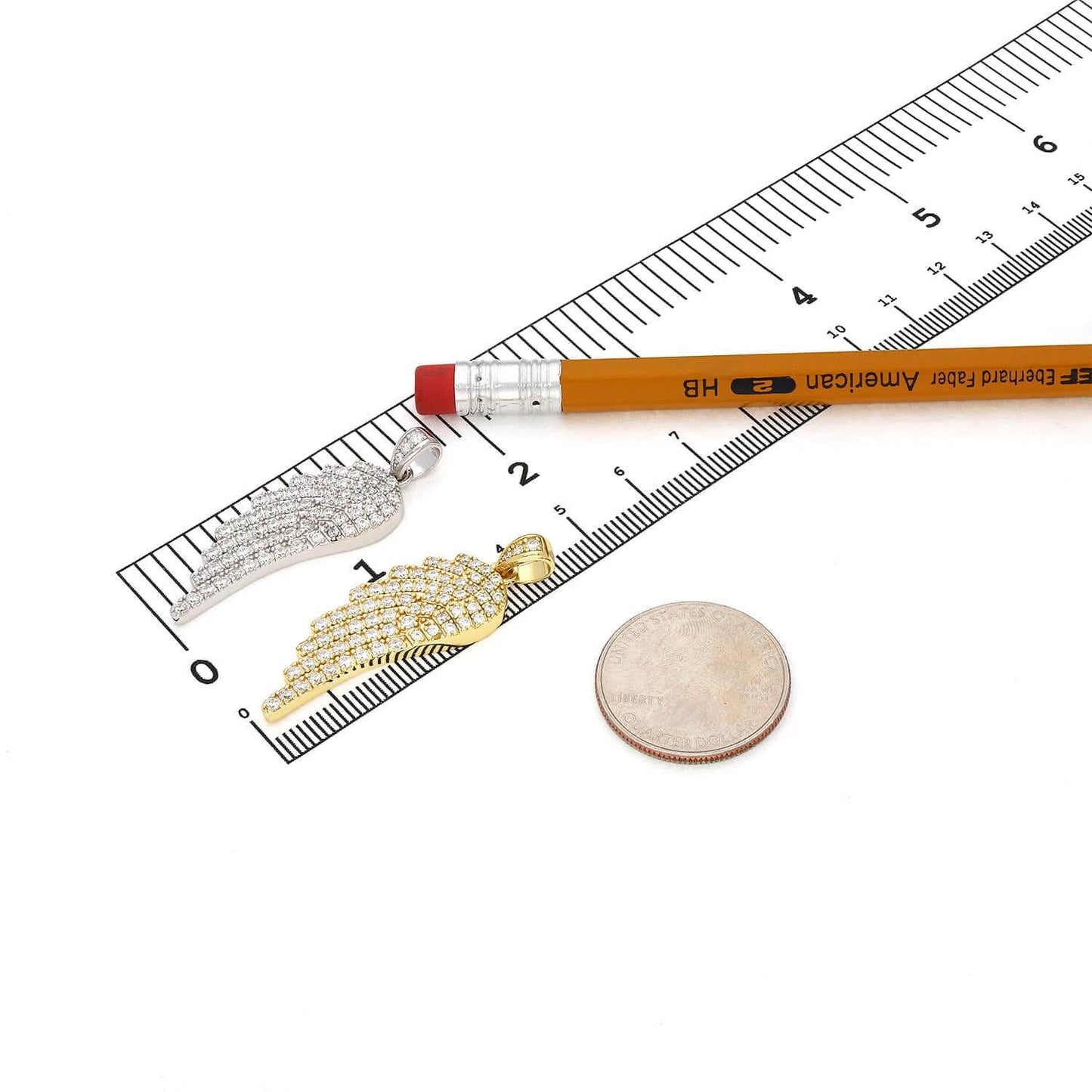 14k Gold Over 925 Silver White Zirconia Pave Angel Wing Pendant 1.77"