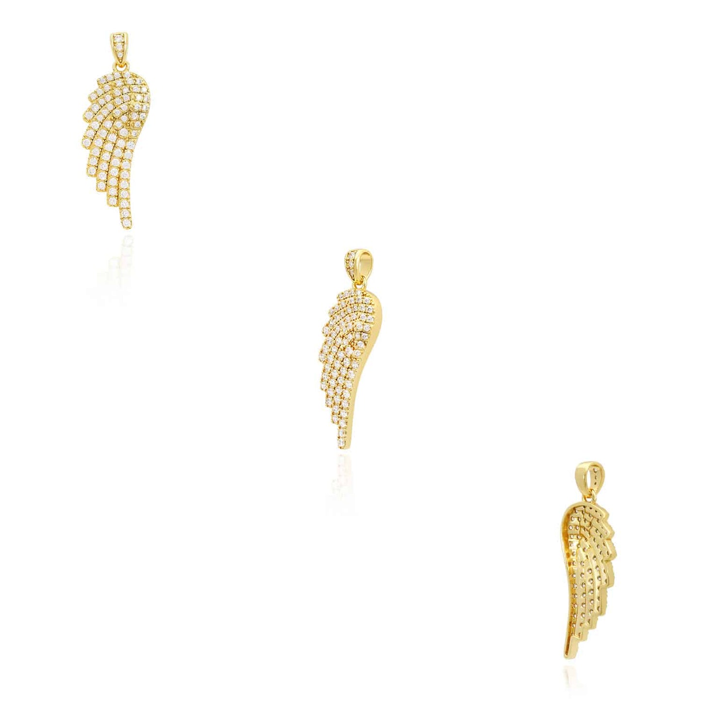 14k Gold Over 925 Silver White Zirconia Pave Angel Wing Pendant 1.77"