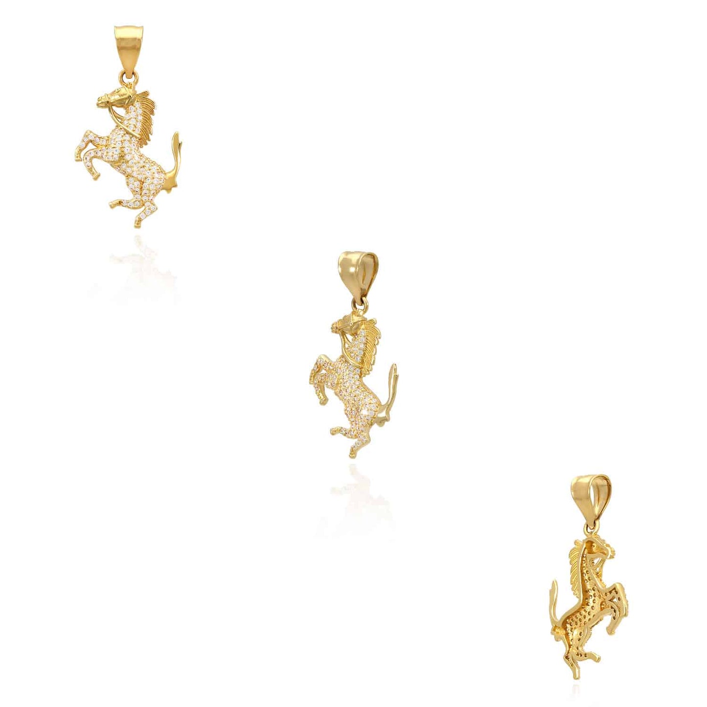 14K Yellow Gold 0.85CTW CZ Pave Horse Charm Pendant 1.38"