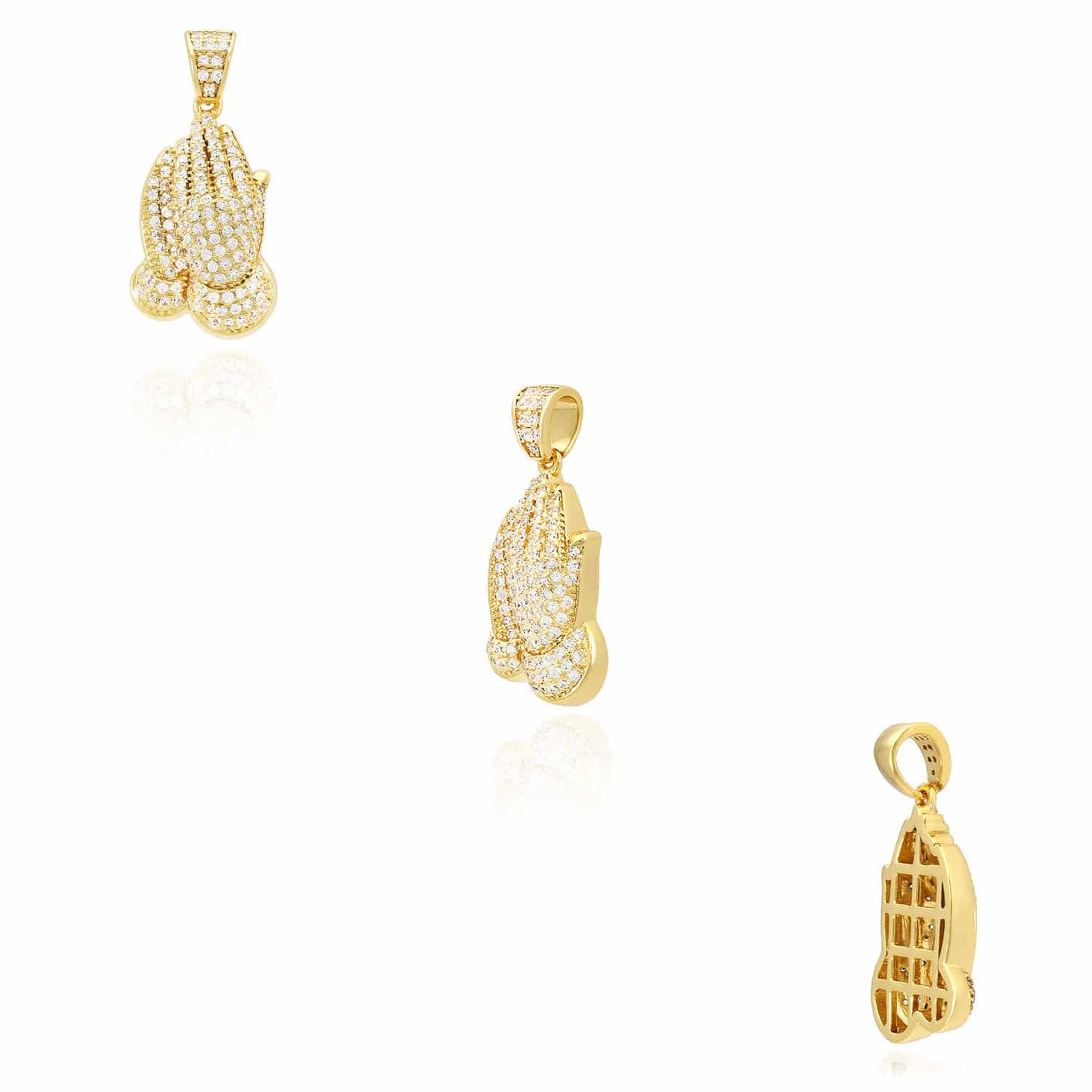 14K Yellow White Gold Over Silver CZ Pave Religious Praying Hands Pendant 1.18"
