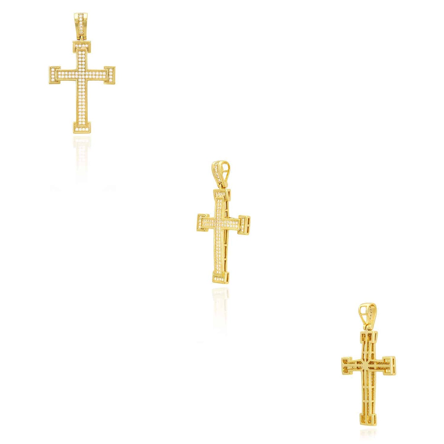 Yellow White Gold Over 925 Sterling Silver CZ Pave Milgrain Cross Pendant 1.69"