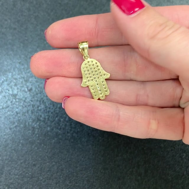 14K Real Gold 0.50CTW CZ Hamsa Hand Of Fatima Charm Pendant 1"