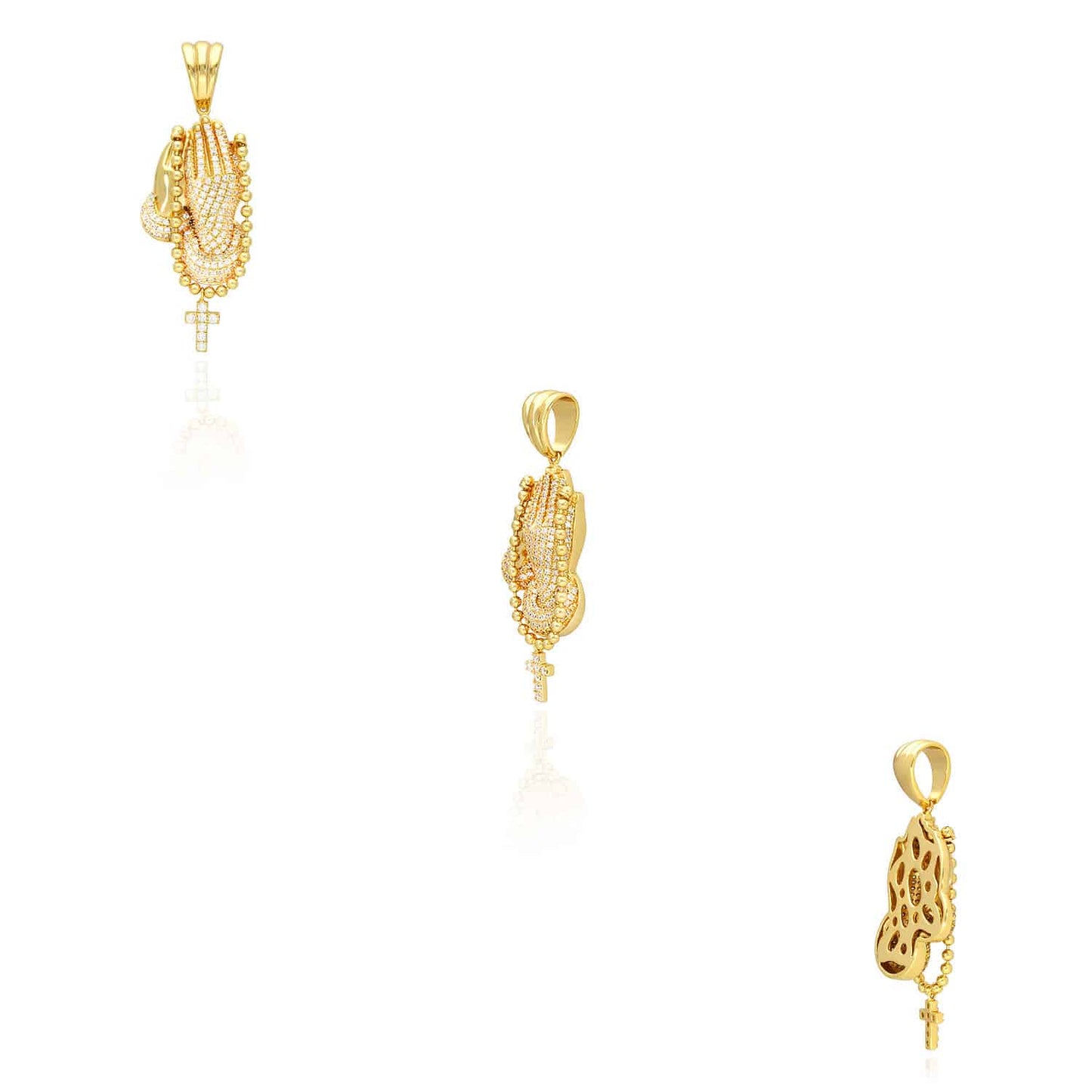 14k Gold Over Sterling Silver CZ Praying Hand Cross Pendant 1.57"