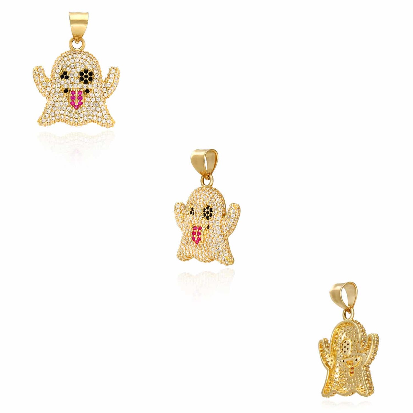 14K Yellow Gold CZ Iced Ghost Emoji Pendant 1.2"