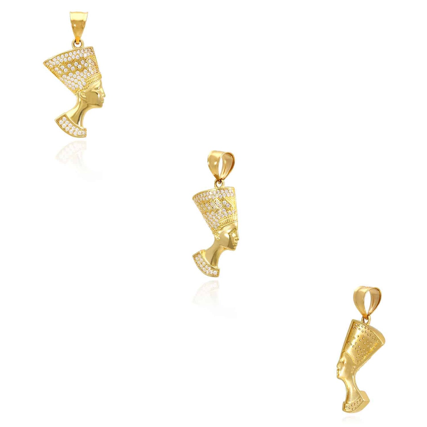 14K Yellow Gold CZ Nefertiti Head Pendant 1.8"
