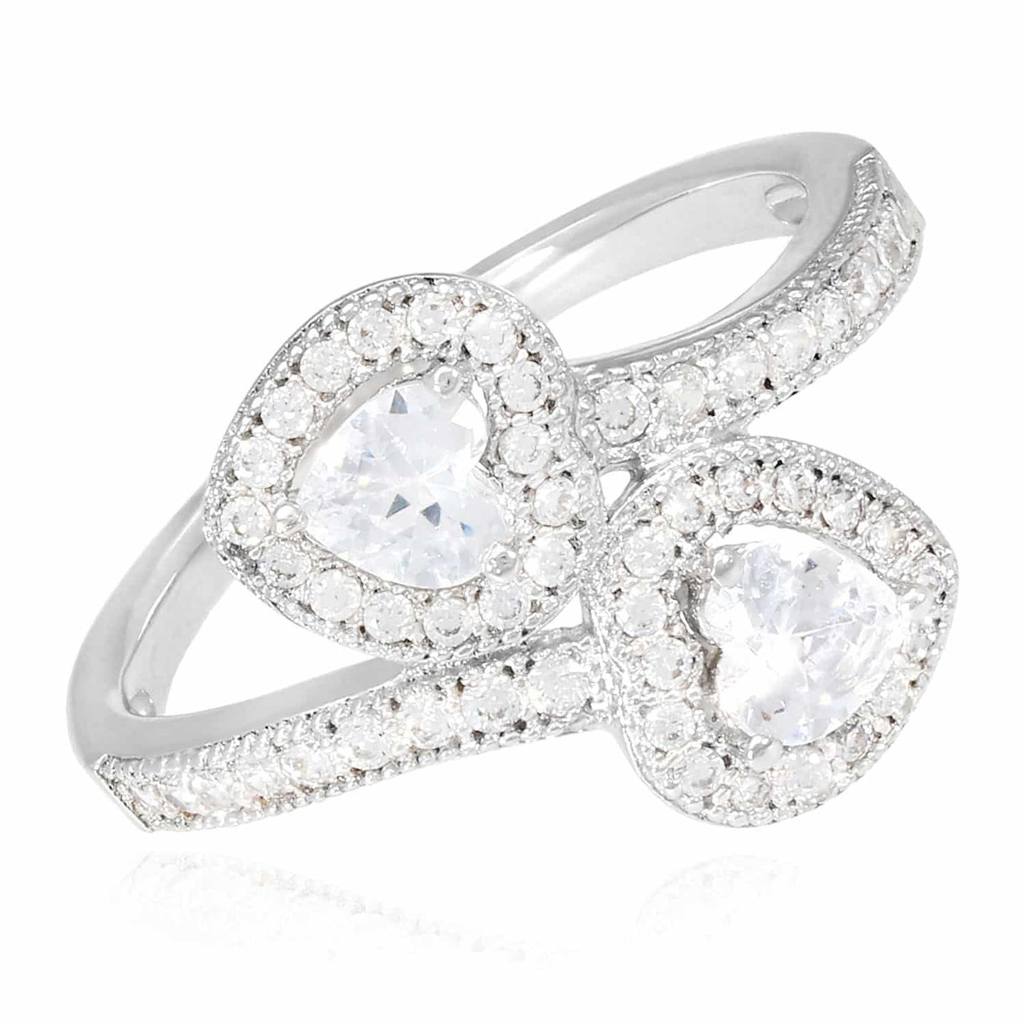 14K Gold White CZ Two Halo Hearts Wrap Ring