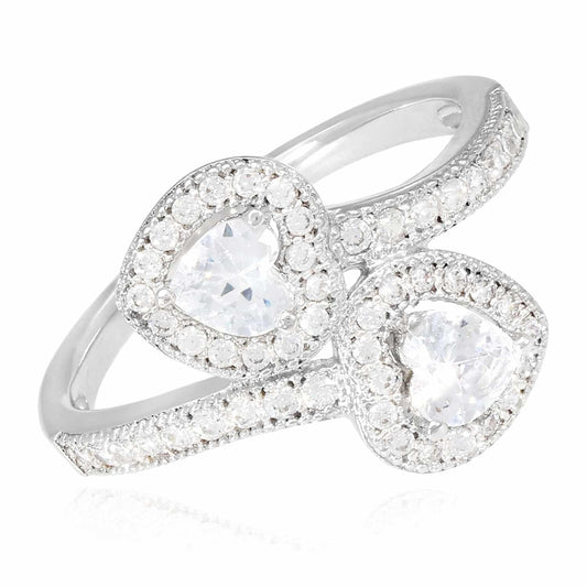 14K Gold White CZ Two Halo Hearts Wrap Ring