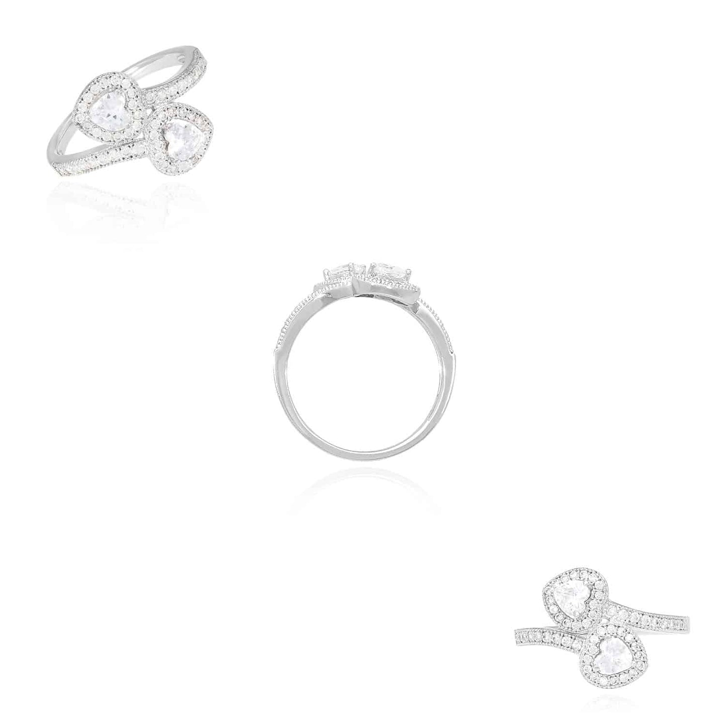 14K Gold White CZ Two Halo Hearts Wrap Ring