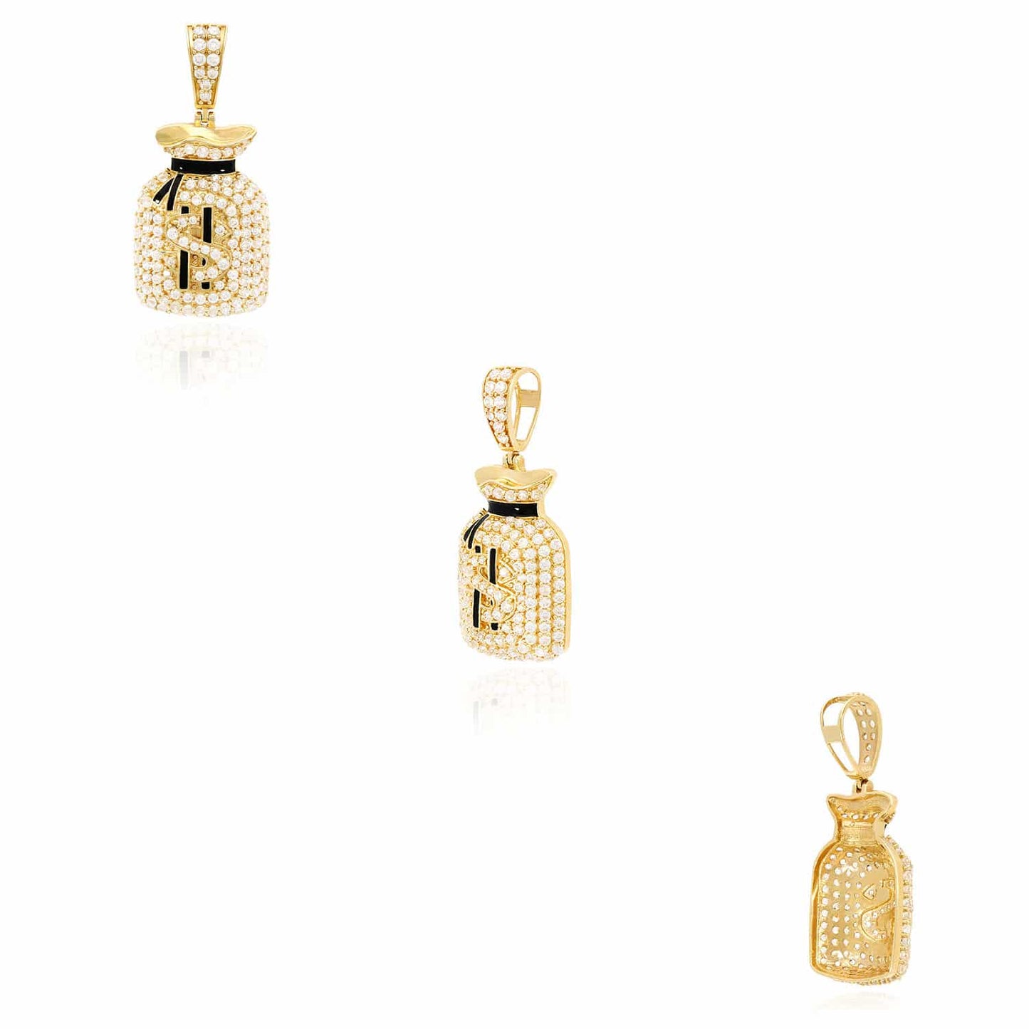 14K Yellow Gold CZ Black Enamel Cash Money Bag 1.8"