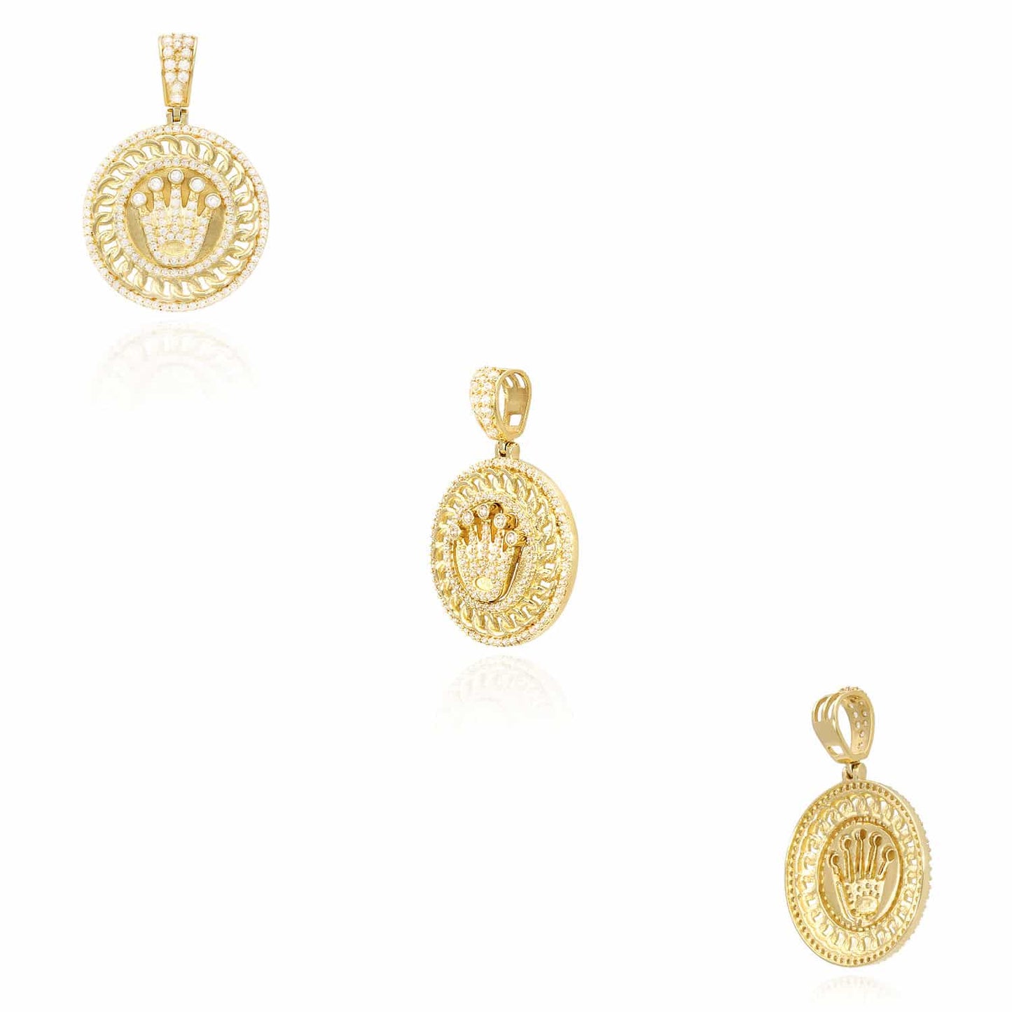 14K Yellow Gold CZ Crown Round Medallion Pendant 1.46"