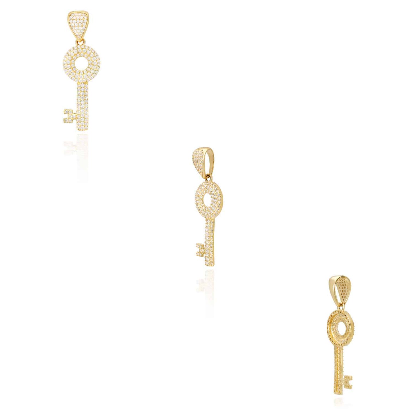 1.40CTW CZ Pave 10K Yellow Gold Key Charm Pendant 1.57"