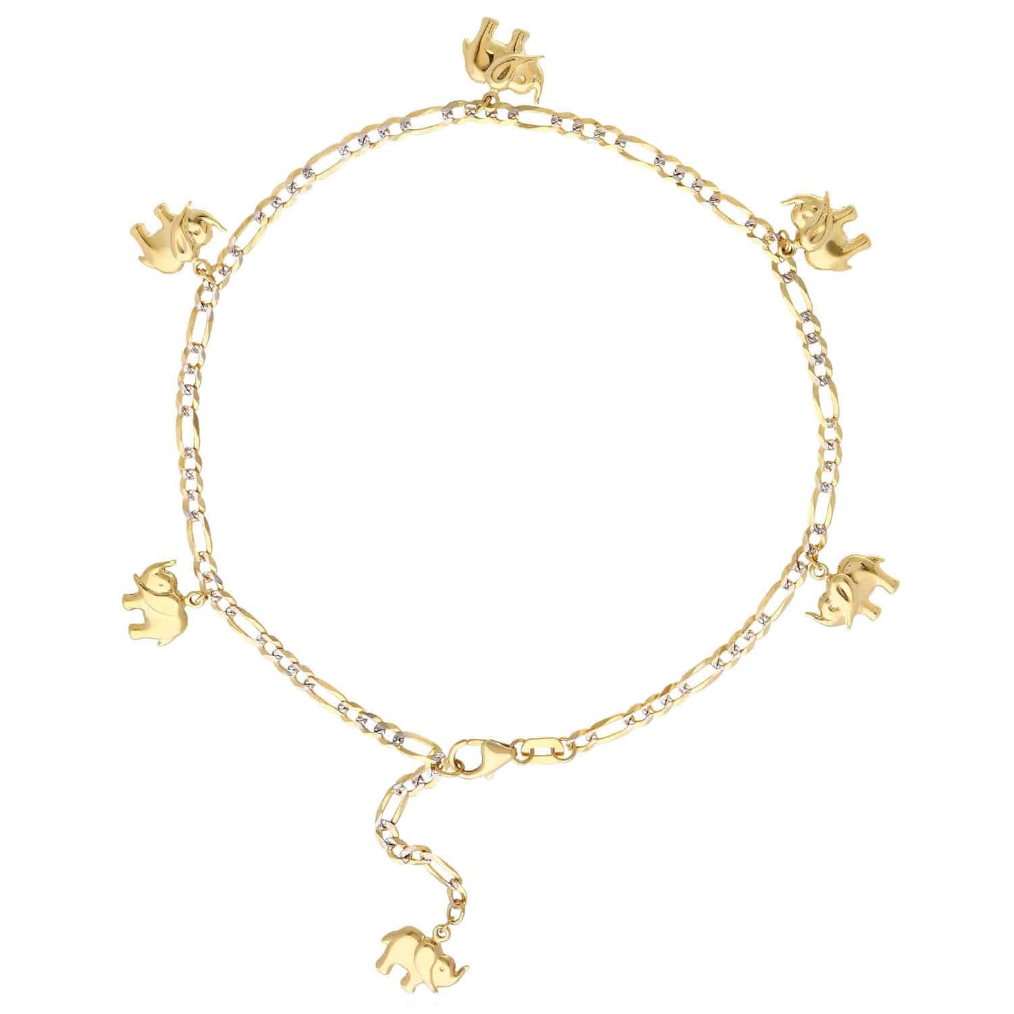 14K Gold Yellow Diamond-Cut Figaro Elephant Charm Anklet 9"-10.5" Adjustable