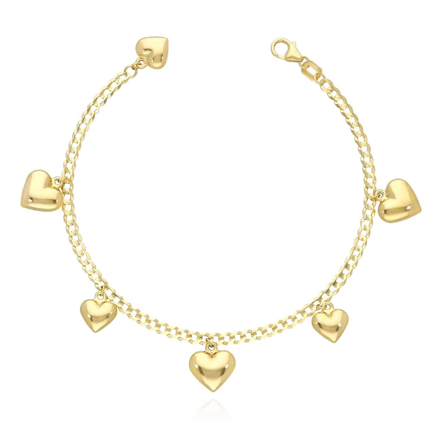 Solid 14K Yellow Gold Puffed Hearts Charm Cuban Bracelet 7"