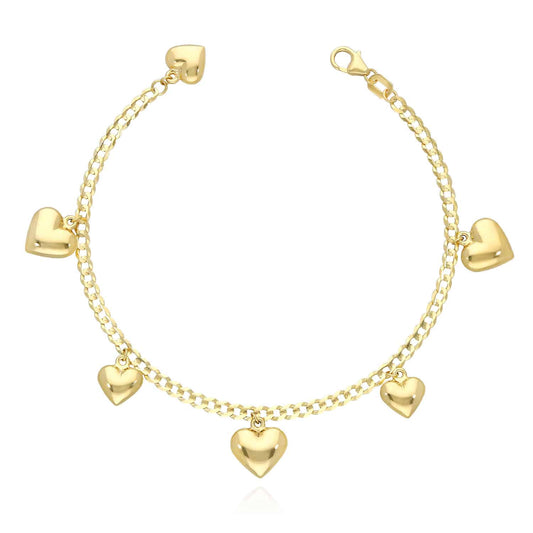 14K Yellow Gold Puffed Hearts Charm Cuban Bracelet (Solid Links) 7"