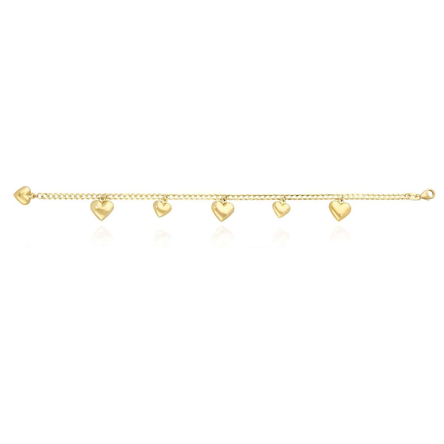 Solid 14K Yellow Gold Puffed Hearts Charm Cuban Bracelet 7"