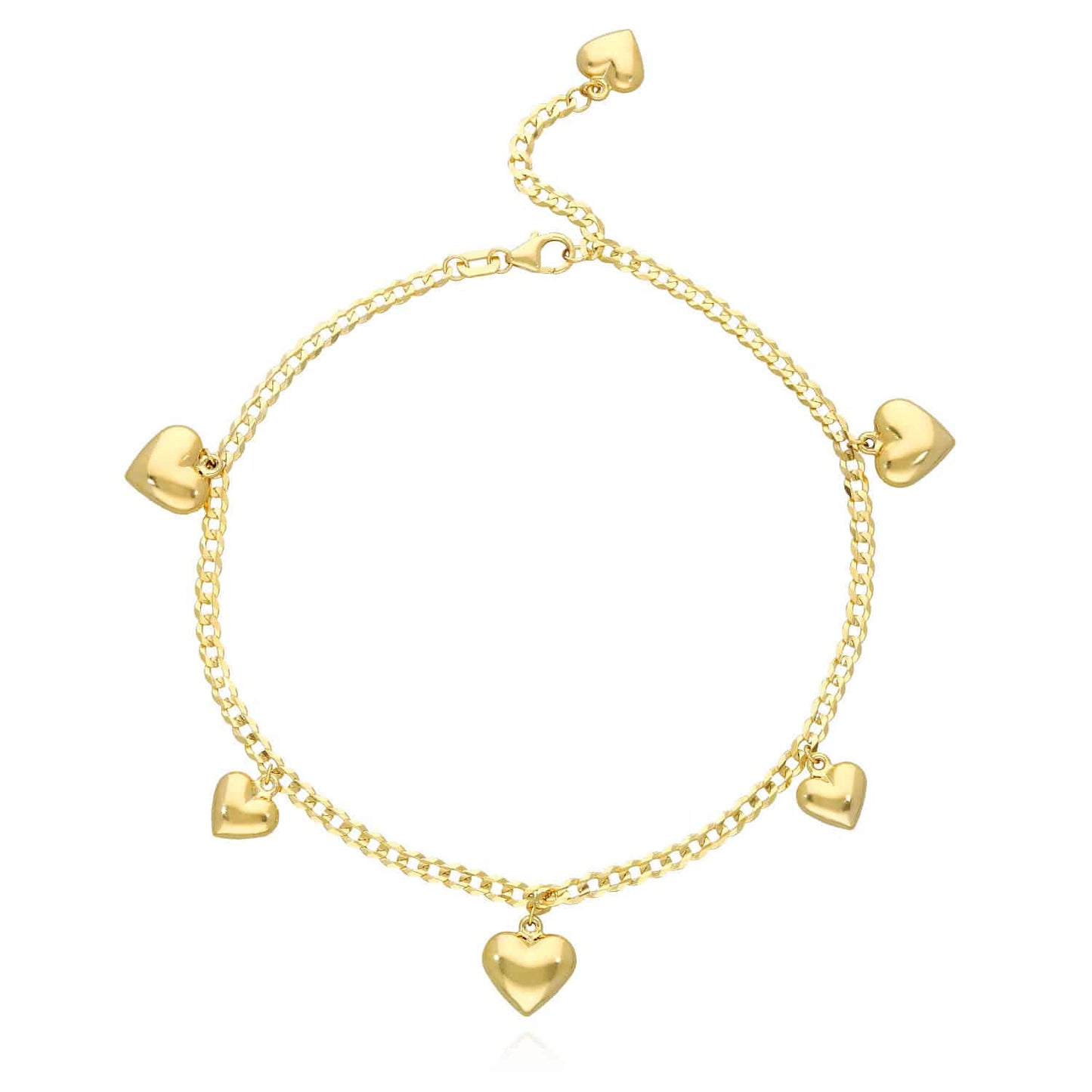 14K Yellow Gold Puffed Hearts Charm Cuban Anklet Bracelet 9"-10" Adjustable