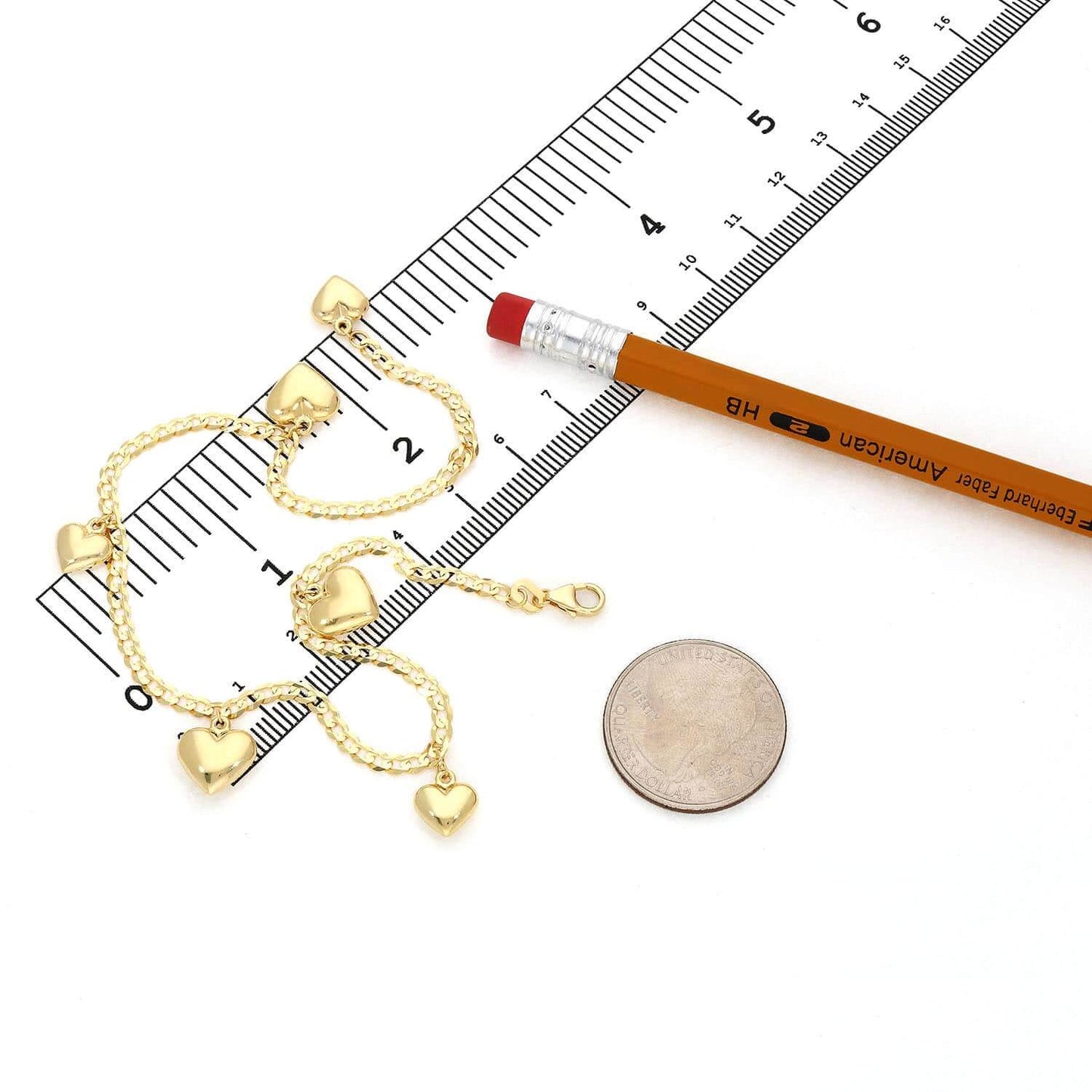 14K Yellow Gold Puffed Hearts Charm Cuban Anklet Bracelet 9"-10" Adjustable