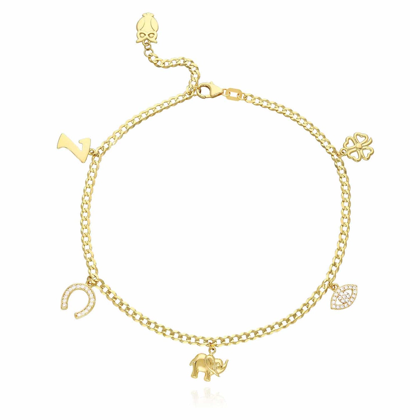 Solid 14K Gold Yellow Lucky Charms Cuban Anklet Bracelet 9"-10" Adjustable