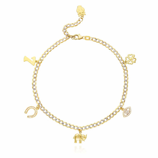 14K Yellow Gold Lucky Charms Cuban Anklet (Solid Links) 9"-10" Adjustable
