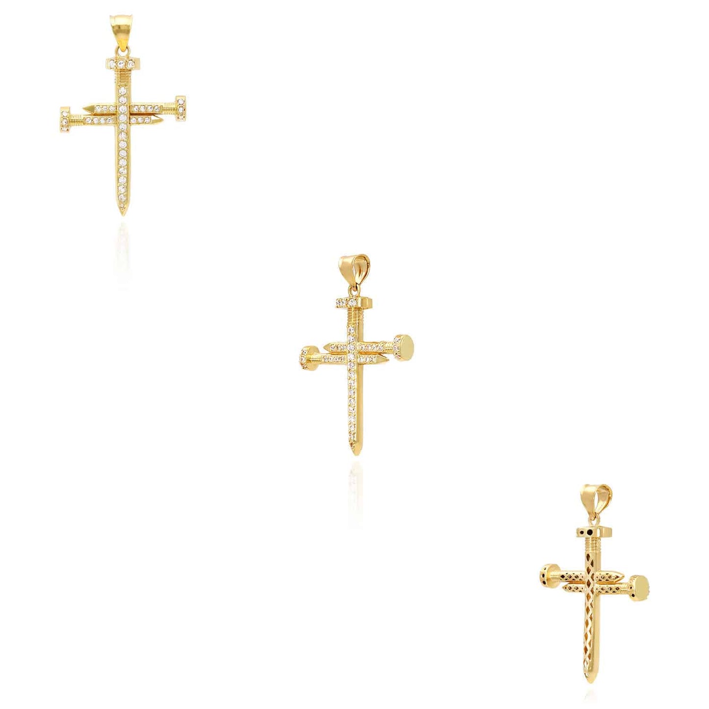 10K Yellow Gold CZ Pave Nail Cross Pendant 1.77"