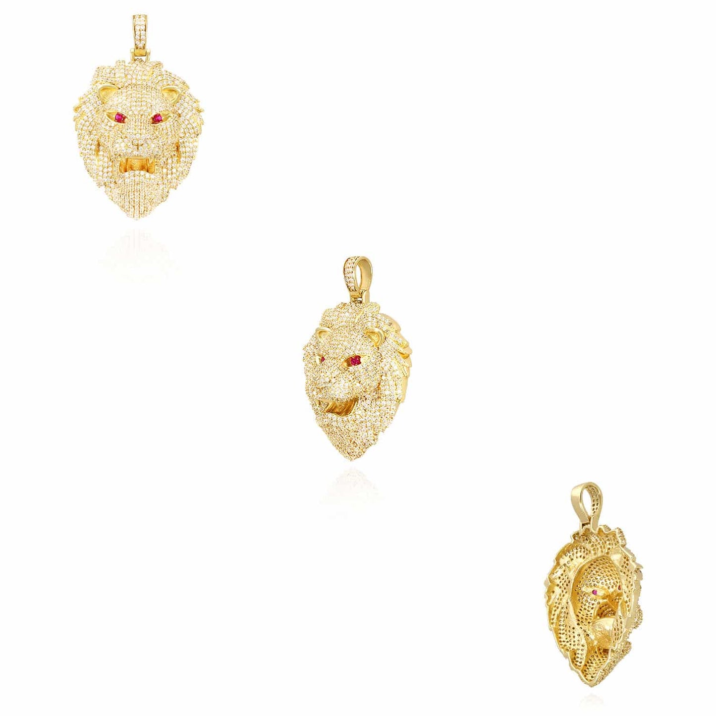 6.25CTW CZ Red Ruby Eye 14K Yellow Gold Lion Face Pendant 1.6"
