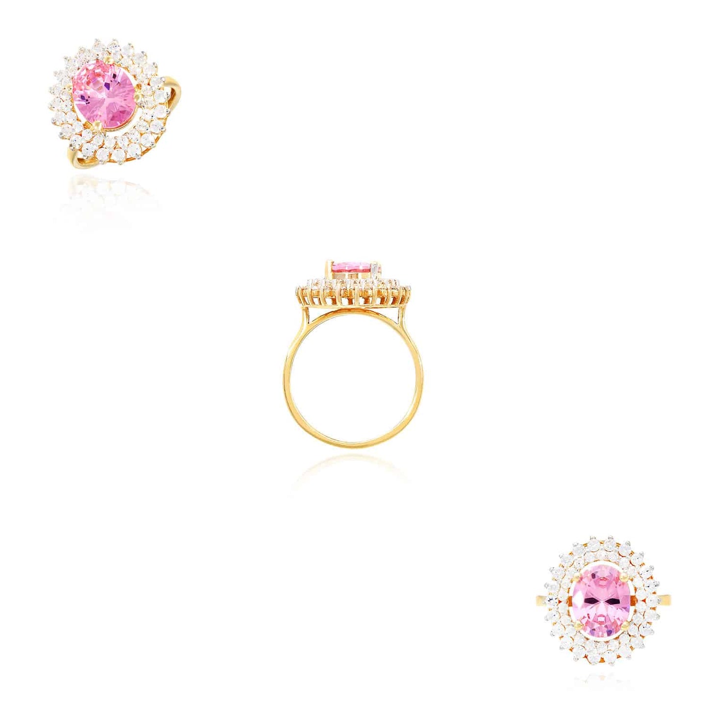 3.25CTW Oval Pink Tourmaline CZ Halo 14K Gold Cocktail Ring