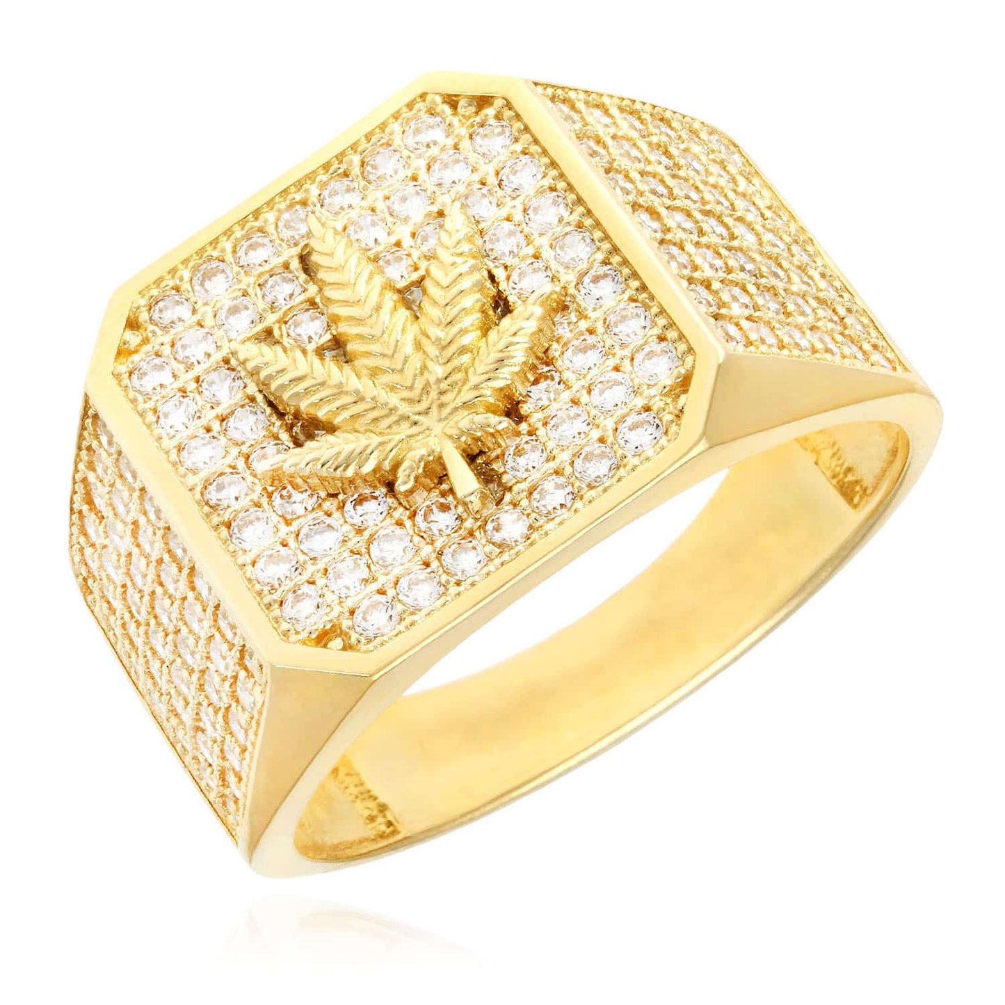 10K Yellow Gold CZ Pave Marijuana Cannabis Leaf Signet Ring