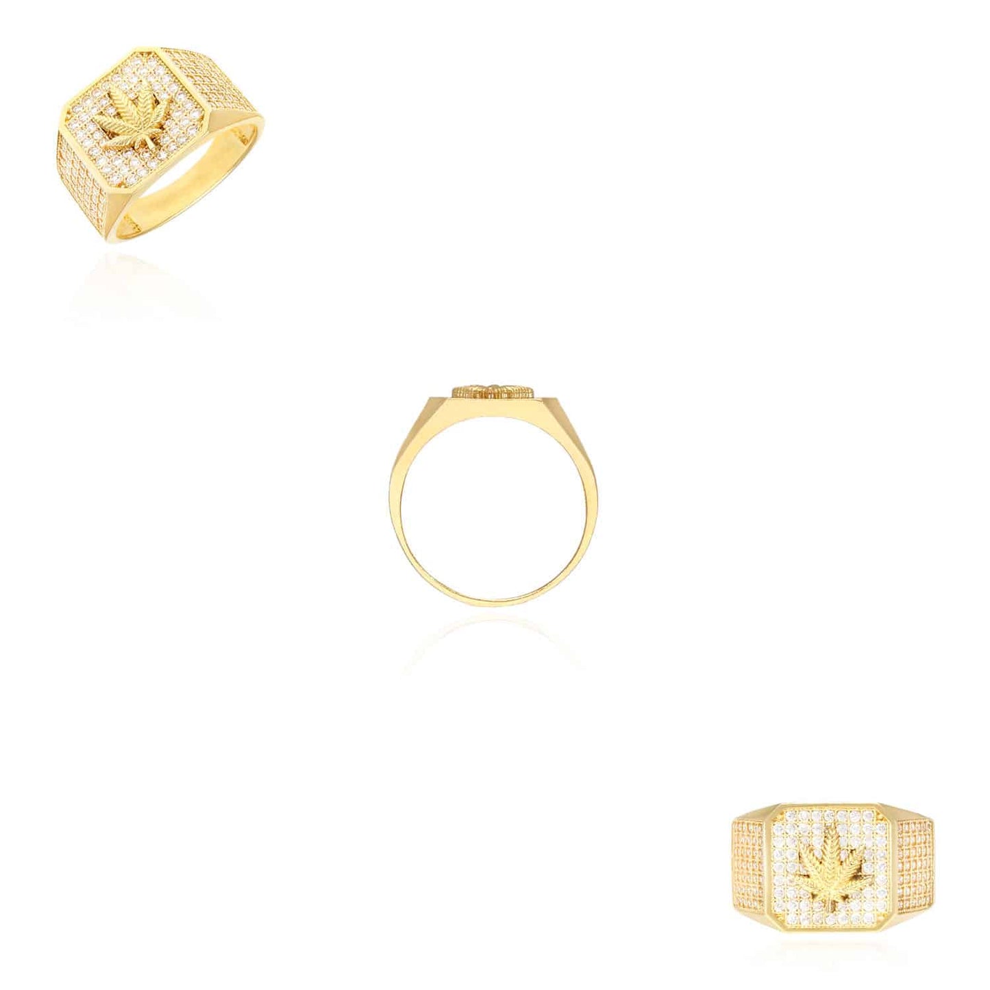 10K Yellow Gold CZ Pave Marijuana Cannabis Leaf Signet Ring