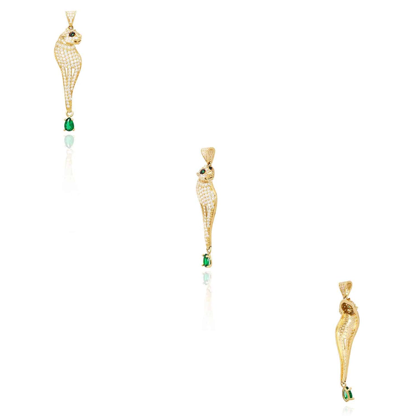 14K Yellow Gold CZ Pave Panther Pendant With Dangle Pear Emerald