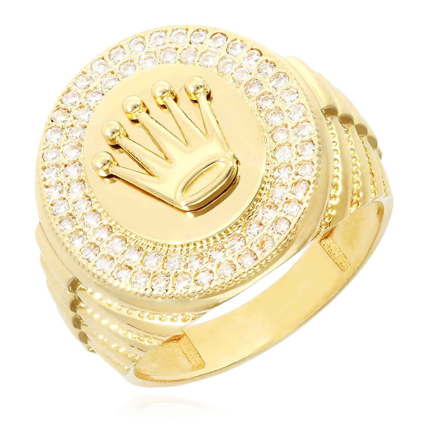 14K Gold Yellow CZ Pave Oval Royal Crown Signet Ring