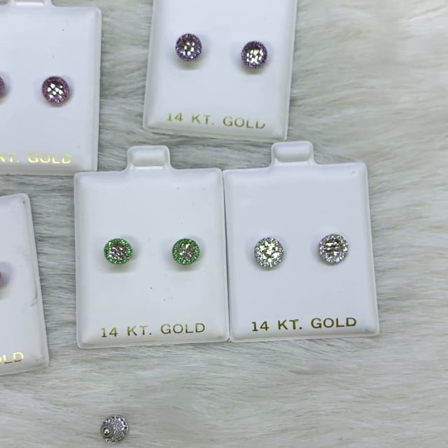 14K White Gold Diamond Cut Gemstone Round Halo 7mm Screw Back Stud Earrings