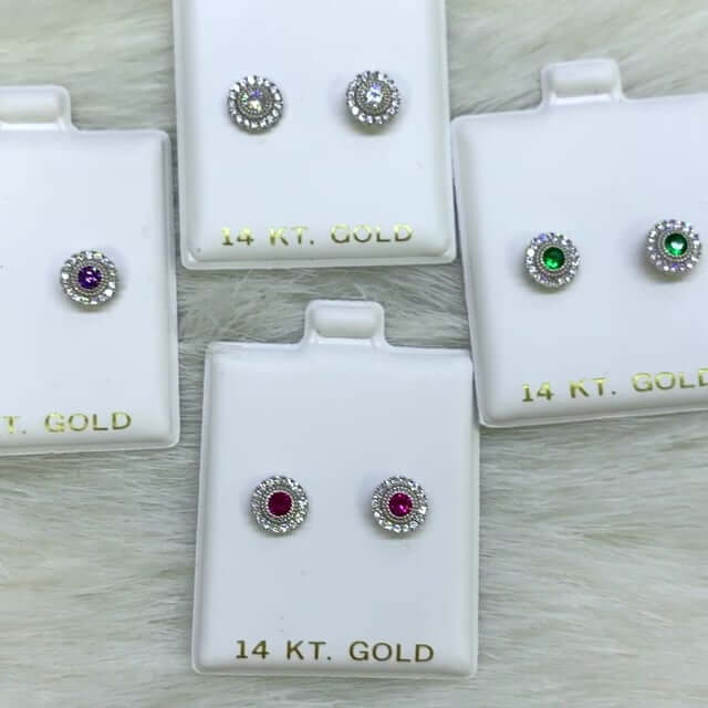 14K White Gold Color Gemstone Round Halo Fancy Birthstone Screw Stud Earrings