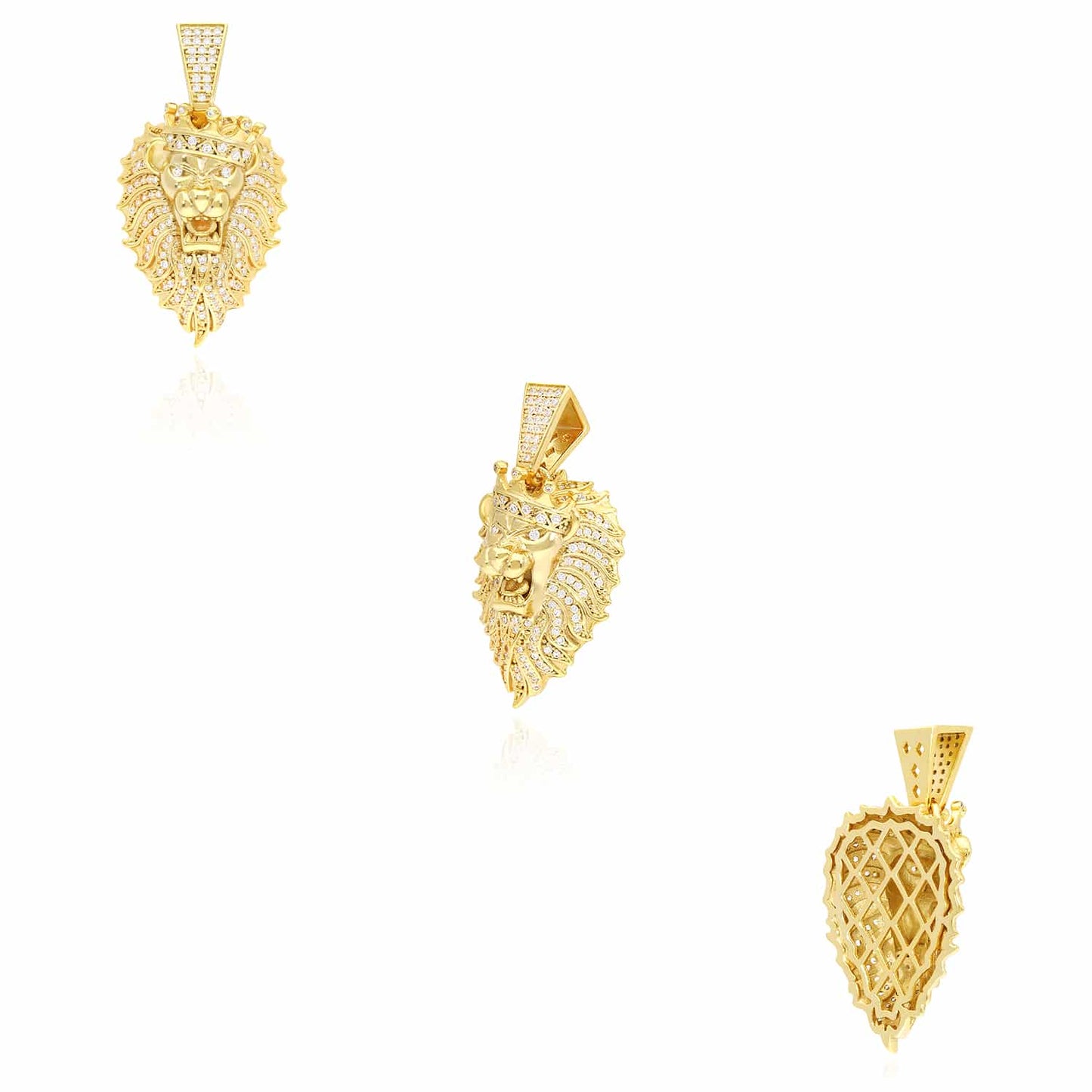 14k Gold Plated Silver Cubic Zirconia Lion Crown Face Charm Pendant 1.57"