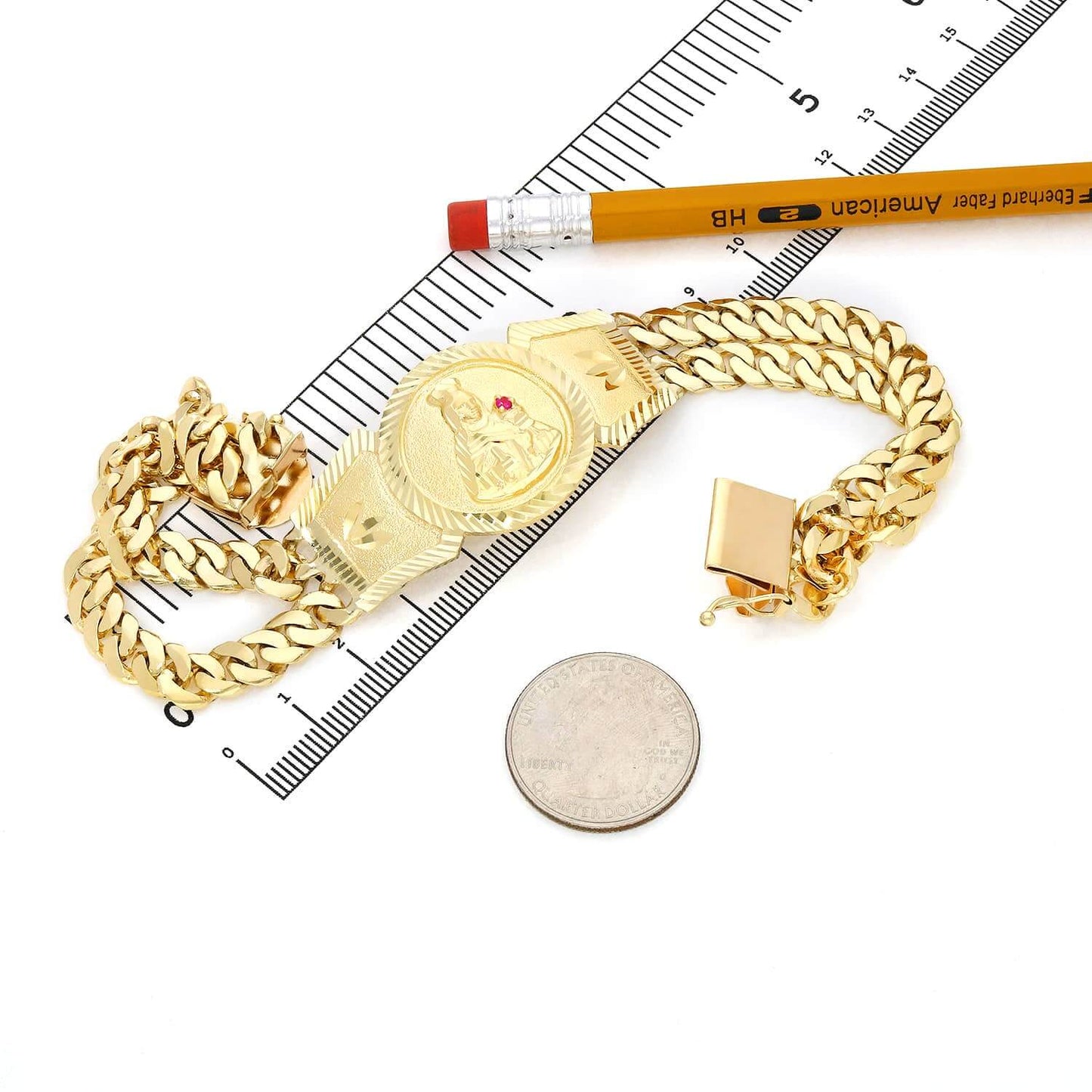 14K Gold Yellow With Ruby Saint Barbara Double Solid Miami Bracelet 9"