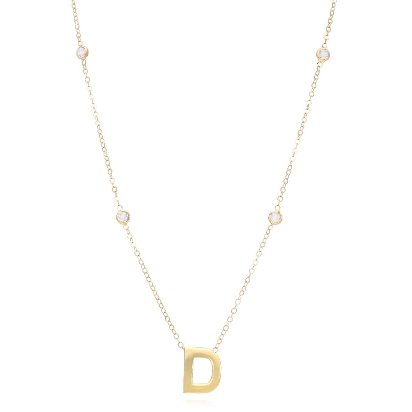14K Yellow Gold Initial Charm Pendant Cable CZ Station Chain Necklace 17-18"