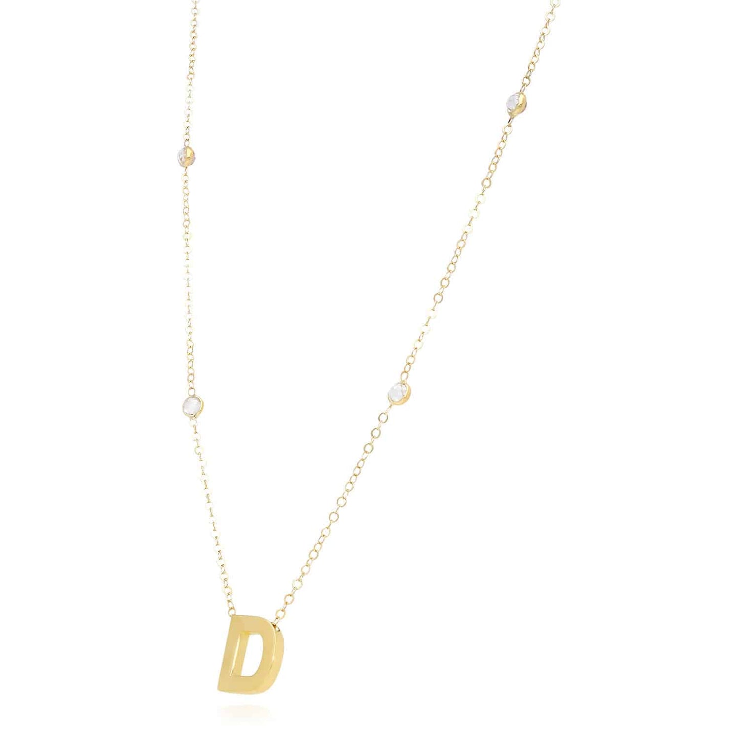 14K Yellow Gold Initial Charm Pendant Cable CZ Station Chain Necklace 17-18"