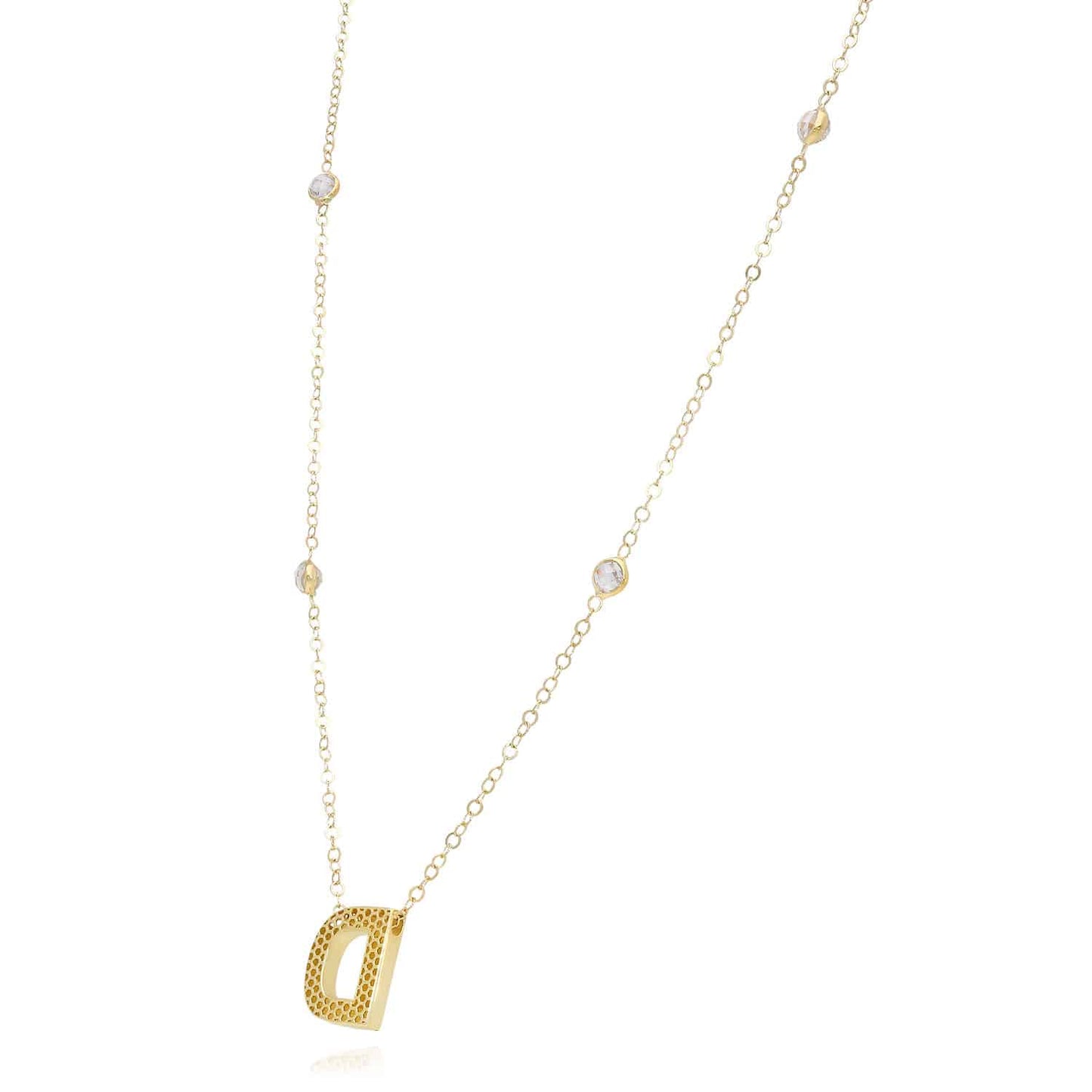 14K Yellow Gold Initial Charm Pendant Cable CZ Station Chain Necklace 17-18"