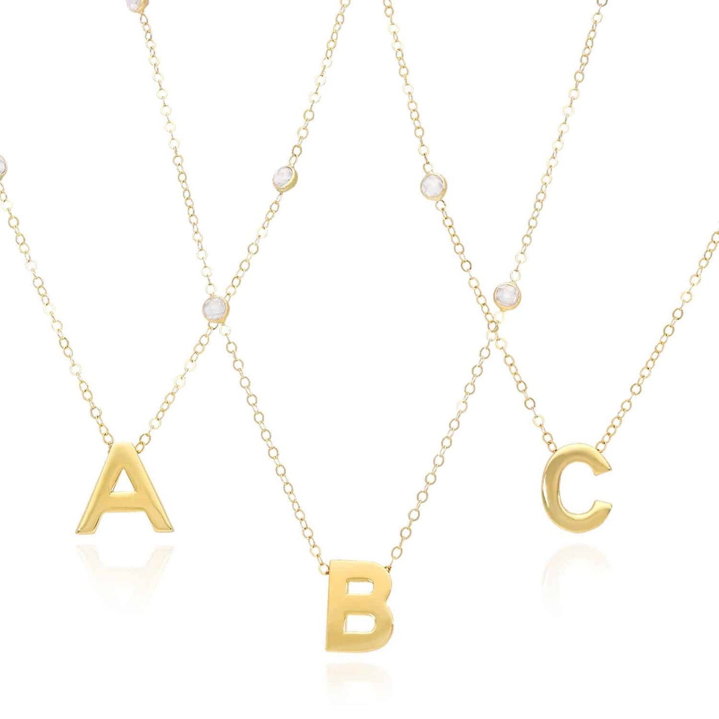14K Yellow Gold Initial Charm Pendant Cable CZ Station Chain Necklace 17-18"