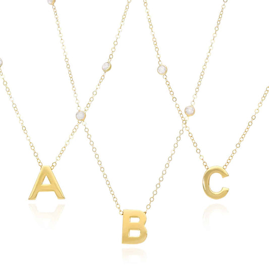 14K Yellow Gold Initial CZ Station Cable Necklace (Solid Links) 17"-18" Adjustable