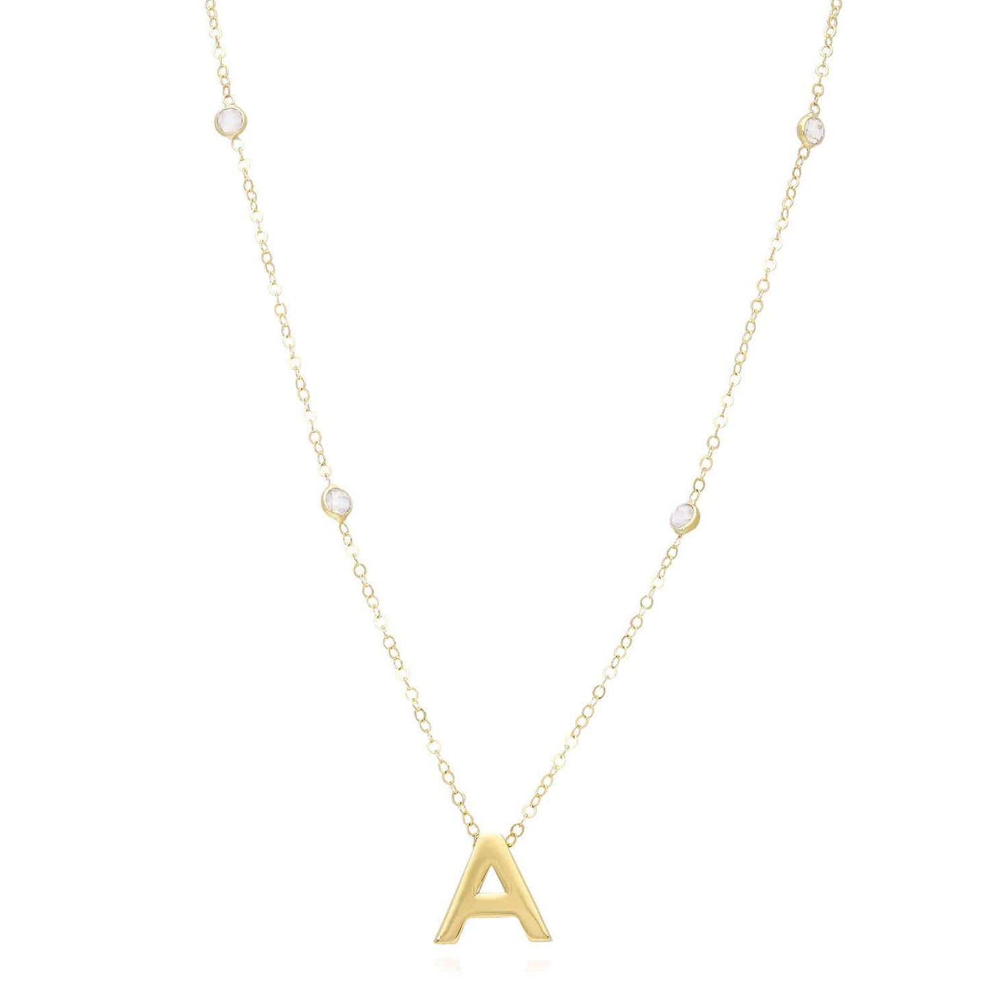 14K Yellow Gold Initial Charm Pendant Cable CZ Station Chain Necklace 17-18"