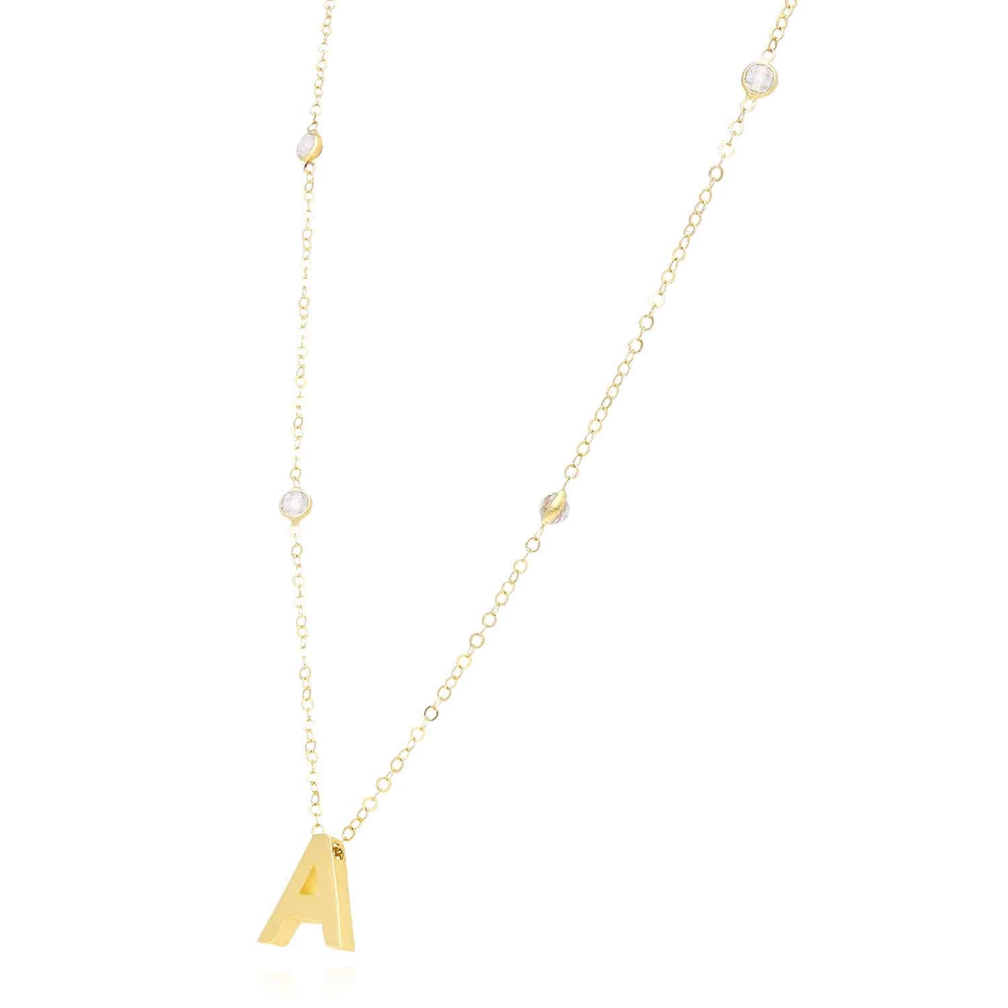 14K Yellow Gold Initial Charm Pendant Cable CZ Station Chain Necklace 17-18"