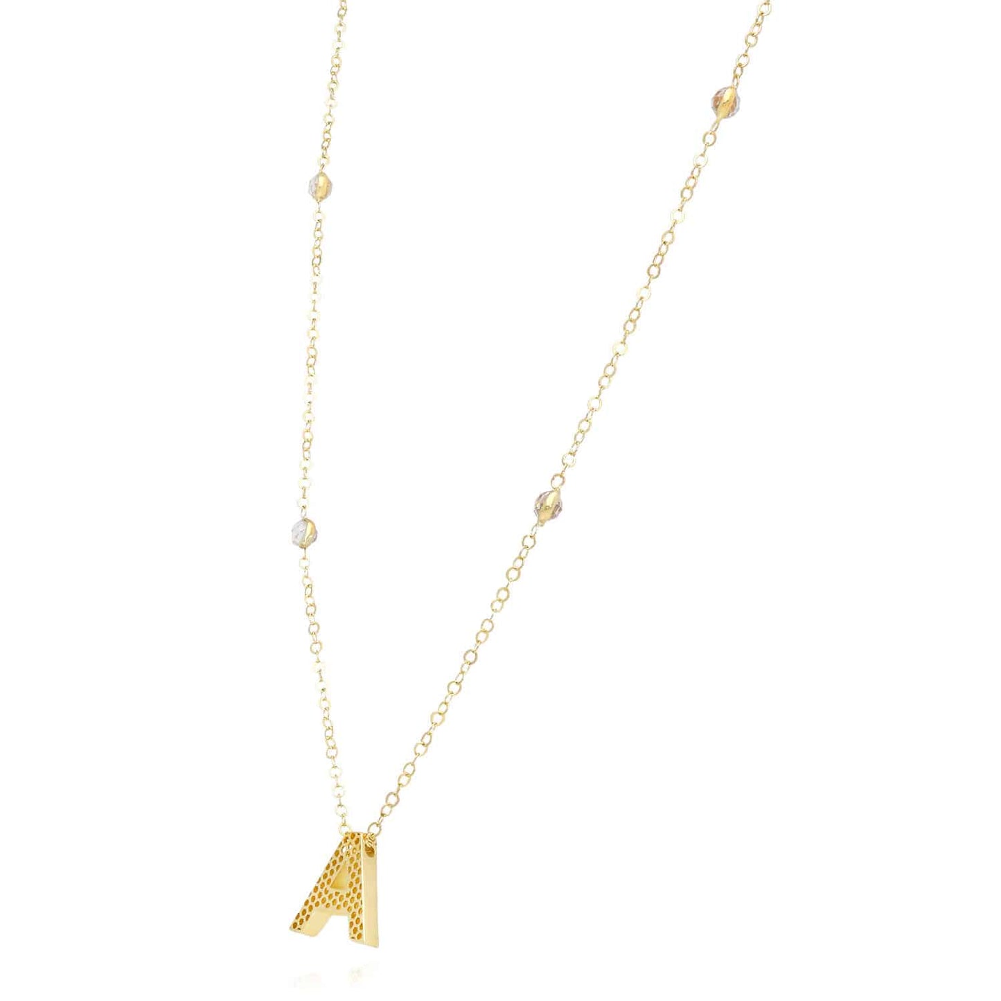 14K Yellow Gold Initial Charm Pendant Cable CZ Station Chain Necklace 17-18"