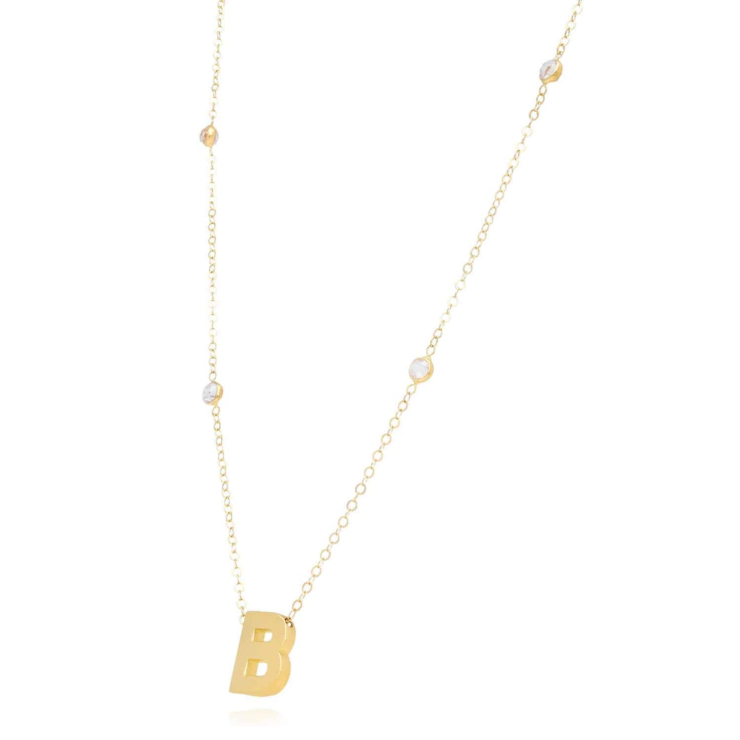 14K Yellow Gold Initial Charm Pendant Cable CZ Station Chain Necklace 17-18"